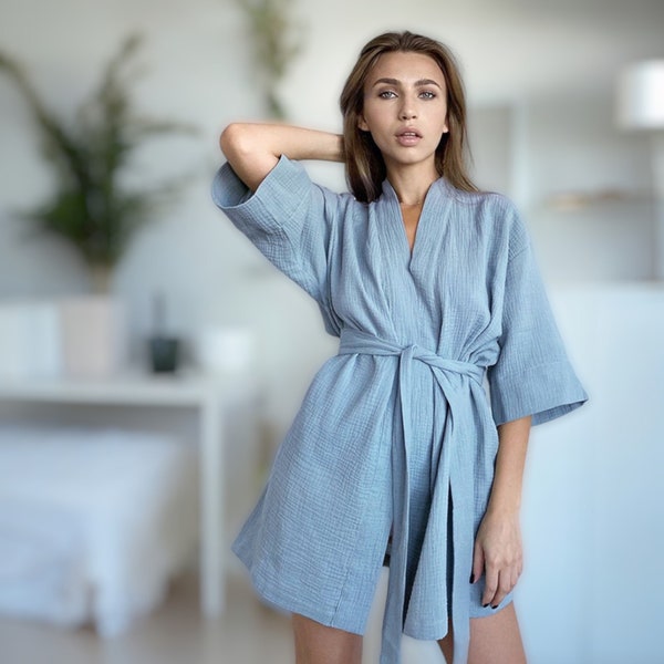 Luxury Muslin Cotton Robe | Short Thigh Length Robe | Kimono Dressing Gown | Cotton Pajama Set | Loungewear Kimono | Womens PJs
