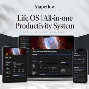 May include: A digital productivity system displayed on a laptop, tablet, and smartphone. The screens show a dark-themed interface titled Life OS | All-in-one Productivity System with navigation menus, task lists, and goal trackers in a clean layout.
