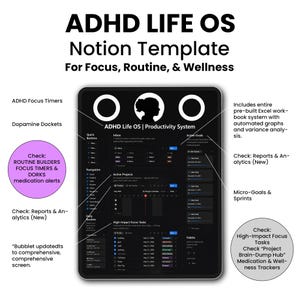 May include: A digital tablet displays the "ADHD Life OS Notion Template" with the text "For Focus, Routine, & Wellness." The screen shows a productivity system with various features, including focus timers, dopamine dockets, and medication alerts.