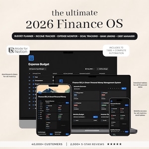 以下が含まれることがあります： 「2026 Finance OS」という金融管理システムを紹介するデジタル製品ディスプレイ。画像には、デスクトップコンピュータ、ラップトップ、2台のスマートフォンが表示され、ソフトウェアインターフェースが表示されています。予算計画、収入追跡、経費監視が含まれます。「Made for Notion」と書かれています。