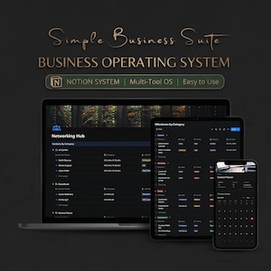 May include: A business operating system interface shown on a laptop, tablet, and smartphone. The screens display a networking hub, milestones, and a content planner. The text includes "Simple Business Suite" and "NOTION SYSTEM".