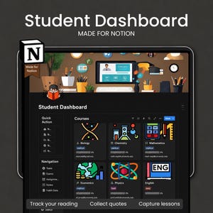 Pode incluir: Um modelo digital de painel de estudante para Notion exibido em uma tela de tablet. A interface apresenta um tema escuro com seções para ações rápidas, navegação e cursos, incluindo biologia, química, matemática, economia, física e inglês.