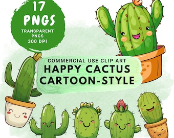 Cartoon-Stil Glücklicher Kaktus Clipart in 300 DPI. Sie erhalten 17 PNG-Bilder mit transparentem Hintergrund