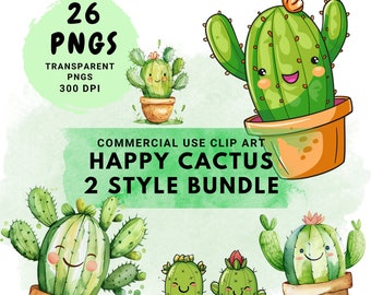 Happy Cactus Clipart Bundle mit 26 PNG-Bildern in 300 DPI mit transparentem Hintergrund