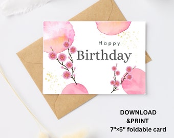 Birthday Card | 7 x 5 Inches | Water Color Cherry Blossom Pattern | Digital Download