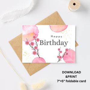 Birthday Card | 7 x 5 Inches | Water Color Cherry Blossom Pattern | Digital Download