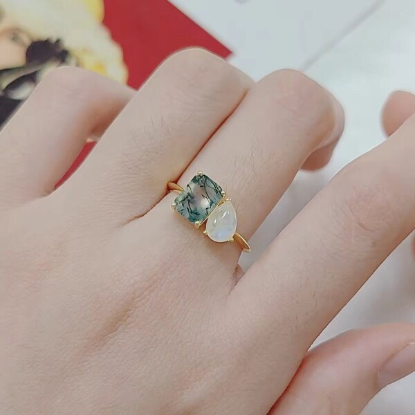 Moss Agate moonstone Toi et Moi bypass engagement 10k solid gold ring handmade unique wedding anniversary gift vintage contemporary healing