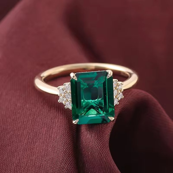 14k gold 4 carat lab grown emerald engagement cut gemstone ring wedding anniversary gift women rare handmade vintage unique high quality
