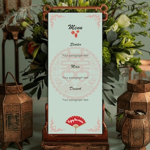 Modelo de Cardápio de Casamento Chinês - Design Elegante de 2 Páginas para Agradecimento e Cardápio - Download Digital - WMB1