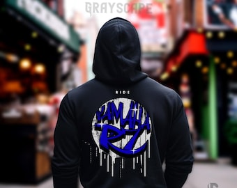 Moletom com capuz unissex para motociclistas, estampa gráfica Yamaha R7 nas costas, azul.