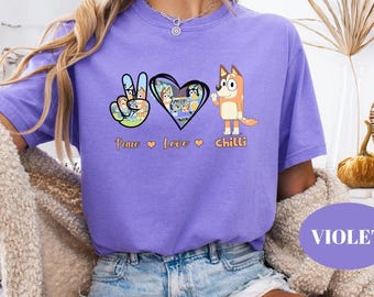 Comfort Colors® Bluey Family Shirt, Blue Peace Love Shirt, Blue and Friends Shirt, Gift for Friend, Blue Dog Kids T-Shirt, Gift for Birthday