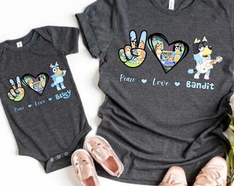 Retro Bluey Family Shirt, Peace Love Bandit Tee, Cartoon Family Apparel