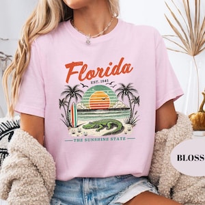 Florida The Sunshine State Comfort Colors T-Shirt, Vintage Florida Beach Alligator Shirt, Retro Palm Tree Sunset Summer Graphic Tee