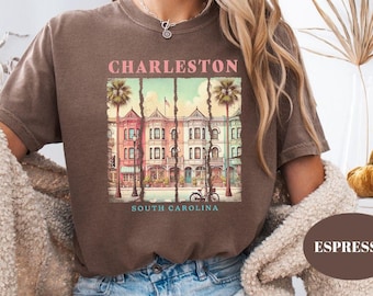 Charleston Rainbow Row Comfort Colors Shirt, Retro Vacation Tee