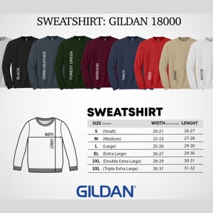 Puede incluir: Imagen de sudaderas Gildan 18000 en varios colores, como gris, negro y marino. Incluye una tabla de tallas con medidas de ancho y largo en pulgadas, desde la talla S hasta la 3XL.
