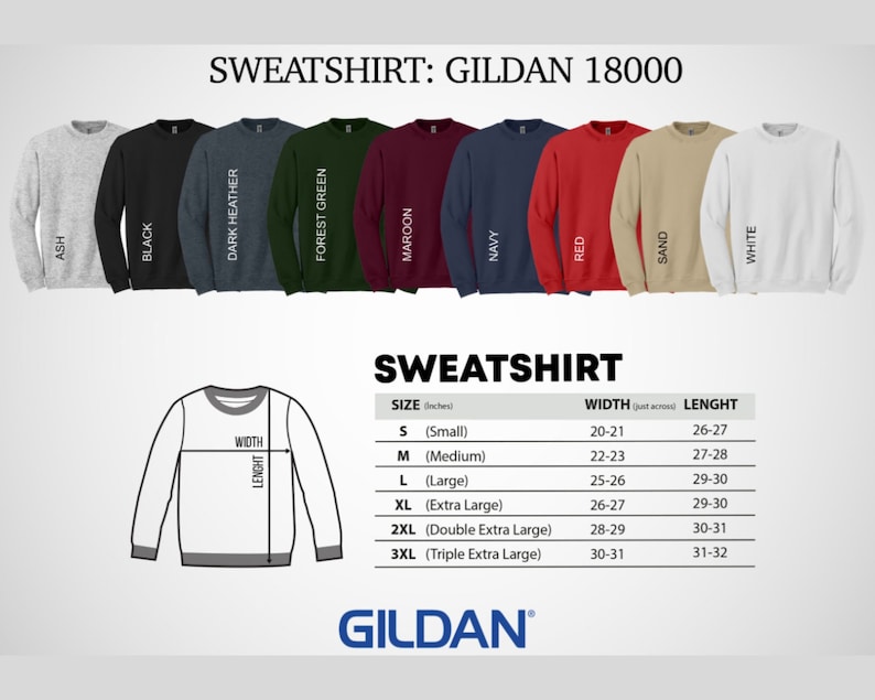 Puede incluir: Imagen de sudaderas Gildan 18000 en varios colores, como gris, negro y marino. Incluye una tabla de tallas con medidas de ancho y largo en pulgadas, desde la talla S hasta la 3XL.