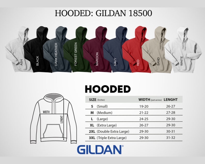 Puede incluir: Una selecci&oacute;n de sudaderas con capucha en varios colores: ceniza, negro, gris oscuro, verde bosque, granate, azul marino, rojo, arena y blanco. La imagen tambi&eacute;n muestra una tabla de tallas con medidas en cm y el logotipo de Gildan.
