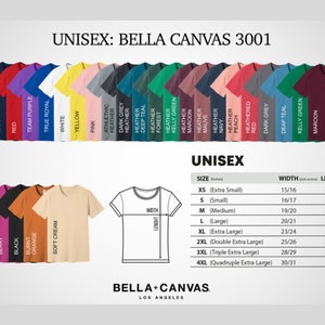 Puede incluir: Una variedad de camisetas unisex Bella + Canvas 3001 en varios colores, como menta, azul marino, rojo y amarillo. La imagen tambi&eacute;n muestra una tabla de tallas con medidas en cm para tallas XS a 4XL.