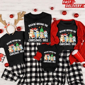 Rockin' Around The Christmas Tree Blue Dog Family Shirts , Family Matching Christmas Shirts , Cute Cartoon Christmas Shirts, Christmas Tee