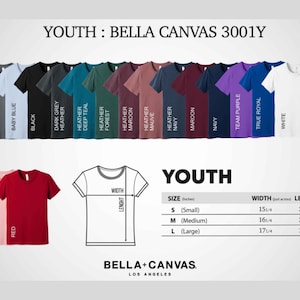 Puede incluir: Exhibici&oacute;n de camisetas juveniles en varios colores, incluyendo rosa, rojo y blanco, con el texto "YOUTH : BELLA CANVAS 3001Y." La tabla de tallas muestra medidas en cent&iacute;metros: Peque&ntilde;o (38.7cm ancho, 53cm largo), Mediano (41.3cm ancho, 56.2cm largo) y Grande (43.8cm ancho, 59.4cm largo).