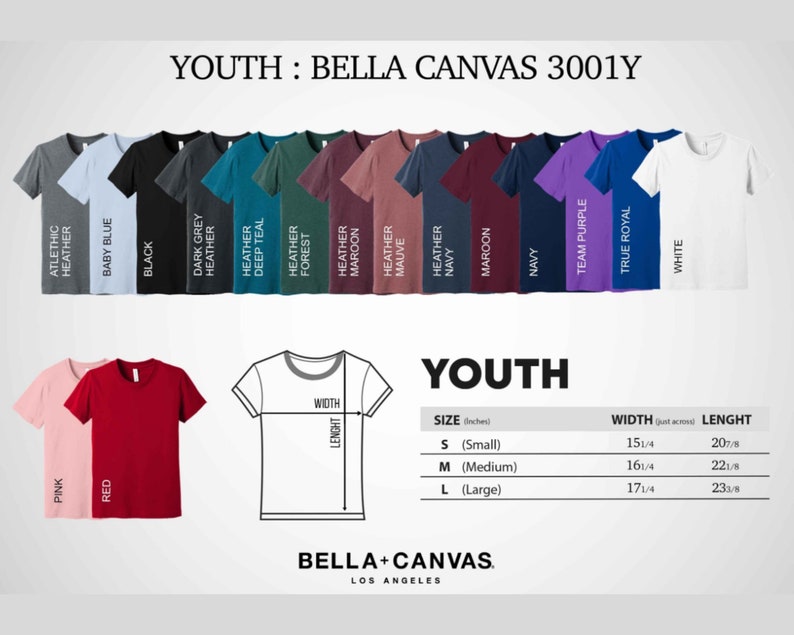 Puede incluir: Exhibici&oacute;n de camisetas juveniles en varios colores, incluyendo rosa, rojo y blanco, con el texto "YOUTH : BELLA CANVAS 3001Y." La tabla de tallas muestra medidas en cent&iacute;metros: Peque&ntilde;o (38.7cm ancho, 53cm largo), Mediano (41.3cm ancho, 56.2cm largo) y Grande (43.8cm ancho, 59.4cm largo).