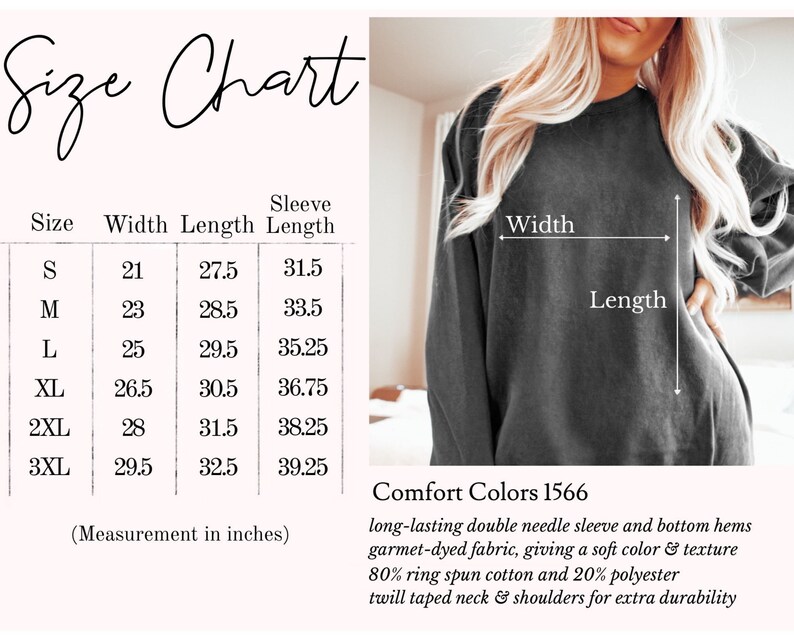 K&ouml;nnte beinhalten: Gr&ouml;&szlig;entabelle f&uuml;r einen Pullover mit Ma&szlig;en in Zoll f&uuml;r Breite, L&auml;nge und &Auml;rmell&auml;nge. Die Tabelle zeigt die Gr&ouml;&szlig;en S bis 3XL. Der Pullover wird als langlebig mit doppelnadelgen&auml;hten &Auml;rmeln und Saum, st&uuml;ckgef&auml;rbtem Stoff, der eine weiche Farbe und Textur ergibt, 80% Ringspinn-Baumwolle und 20% Polyester, sowie einem Webband an Hals und Schultern f&uuml;r zus&auml;tzliche Strapazierf&auml;higkeit beschrieben. Comfort Colors 1566.