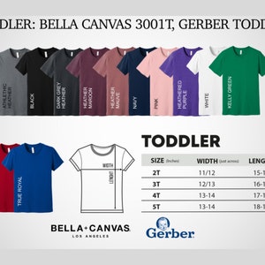 Puede incluir: Exhibici&oacute;n de camisetas para ni&ntilde;os peque&ntilde;os en varios colores, incluyendo rojo, azul y verde, con la palabra "TODDLER" e informaci&oacute;n de tallas. La imagen tambi&eacute;n presenta los logotipos de Bella+Canvas y Gerber.