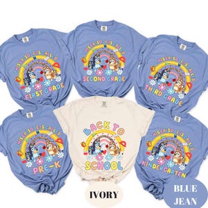 Custom Comfort Colors Bluey & Bingo Back to School Shirt – Personalized Grade Tee – First Day of School T-Shirt for Kids