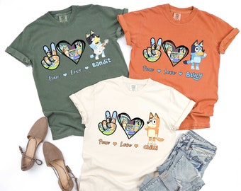 Comfort Colors® Peace Love Family Bluey Shirt, Dad Mom Bluey Shirt, Bandit Chilli Bingo Bluey Shirt, Mama Tee,Chilli Heeler Bluey Family Tee