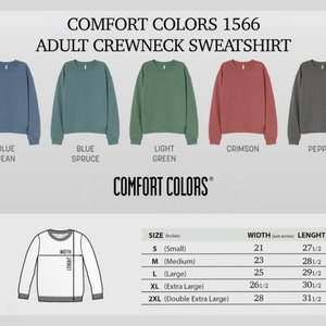 K&ouml;nnte beinhalten: Adulten-Crewneck-Sweatshirt in f&uuml;nf Farben: Blue Jean, Blue Spruce, Hellgr&uuml;n, Crimson und Pepper. Die Gr&ouml;&szlig;entabelle zeigt die Ma&szlig;e in Zoll f&uuml;r Small, Medium, Large, Extra Large und Double Extra Large.