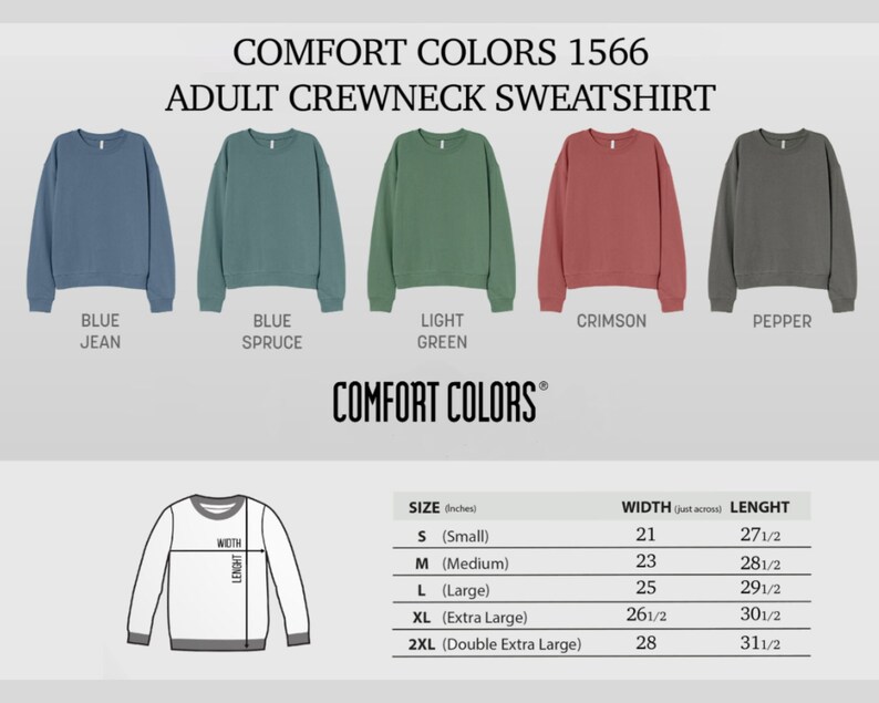 K&ouml;nnte beinhalten: Adulten-Crewneck-Sweatshirt in f&uuml;nf Farben: Blue Jean, Blue Spruce, Hellgr&uuml;n, Crimson und Pepper. Die Gr&ouml;&szlig;entabelle zeigt die Ma&szlig;e in Zoll f&uuml;r Small, Medium, Large, Extra Large und Double Extra Large.