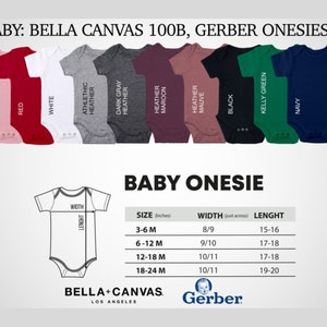 Puede incluir: Imagen de bodies para beb&eacute;s en varios colores, incluyendo rosa, rojo, blanco y azul marino. Tambi&eacute;n se muestra una tabla de tallas con medidas en pulgadas. El texto "BABY ONESIE" se muestra de forma destacada. La tabla de tallas incluye medidas para 3-6, 6-12, 12-18 y 18-24 meses.