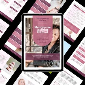 May include: A digital tablet displaying the cover of the "Menopause Insights Manual" with a woman's image. Surrounding the tablet are several pages with text and images, all in shades of purple and white.