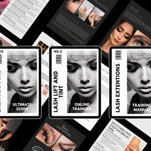 May include: Three digital tablet screens displaying online training courses for lash mapping, lash lift and tint, and lash extensions. Each screen features a woman's face and the course title. The text "Elysian Valentina" appears on each screen.