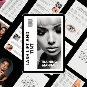 Op de afbeelding: Een digitale trainingshandleiding voor wimperlifting en -verven. De omslag toont een close-up van een vrouwengezicht met de titel "Lash Lift and Tint Training Manual" in vetgedrukte, zwarte tekst.
