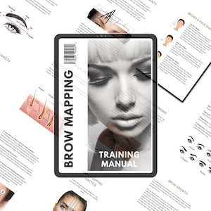 Puede incluir: Una tableta digital que muestra un manual de entrenamiento para el mapeo de cejas. La portada presenta una ilustración en blanco y negro de la cara de una mujer con el texto "Brow Mapping Training Manual".