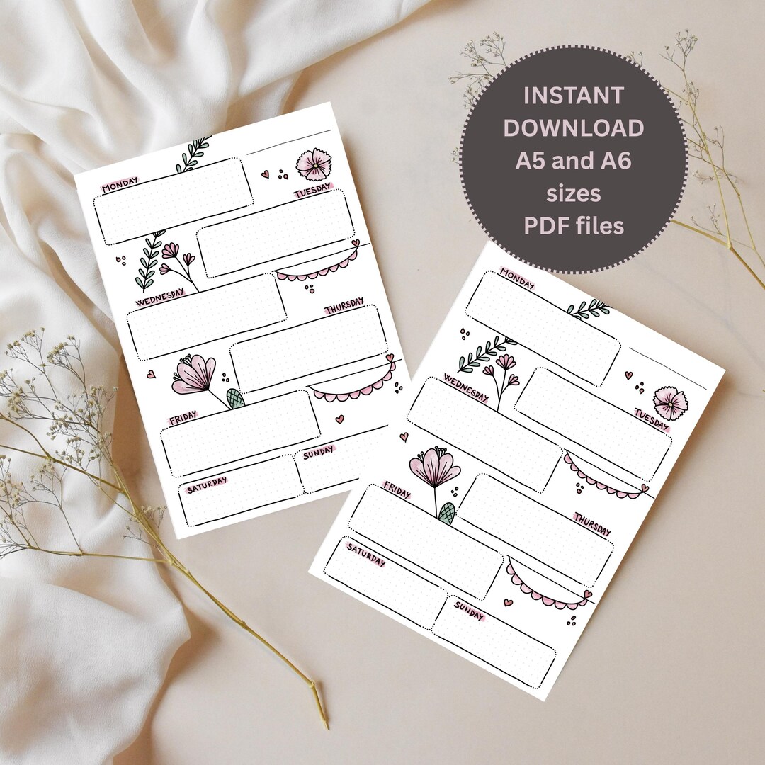 Floral Weekly Planner Printable | Hand-drawn A5 A6 Inserts (digital ...