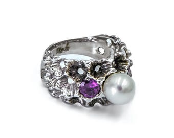 Handmade sterling silver ring Pearl and garnet ring Silver ring with gemstone Unique gemstone jewelry Boho silver ring Artisan jewelry