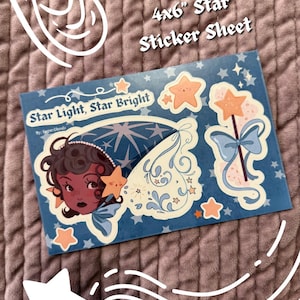 May include: A 4x6 inch sticker sheet titled Star Light, Star Bright by Sugar.Ghoulz. The blue sheet features a character with dark skin and curly hair wearing a star-patterned hat, a star-topped wand, a blue bow, and various orange star stickers.