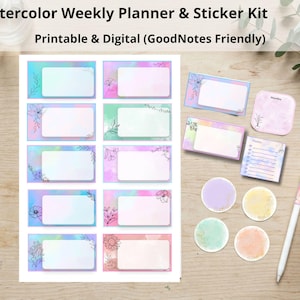 Puede incluir: Un kit de pegatinas y planificador semanal de acuarela que incluye una hoja imprimible de etiquetas rectangulares con arte floral, junto con pegatinas circulares individuales, una etiqueta cuadrada de lunes y una lista de notas en tonos pastel.