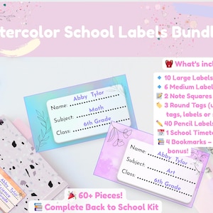 Puede incluir: Un paquete de etiquetas escolares de acuarela con una variedad de etiquetas, etiquetas y marcadores. Las etiquetas son en tonos de azul, morado y rosa, con detalles florales. Incluye etiquetas para nombre, asignatura y clase.