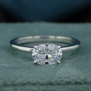 East To West Oval Moissanite Engagement Ring Two Tone Oval Solitaire Ring Oval East West Set Wedding Ring Anniversary Rings Gifts For Her