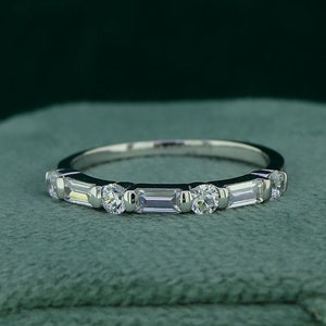 Alternating Baguette and Round Moissanite Wedding Band, 14K Solid Gold Half Eternity Band, Dainty Stackable Ring, Bridal Anniversary Band