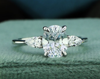 Gold Oval Pear Three Stone Ring Moissanite Diamond Engagement Ring Oval Trilogy Ring Side Pear Three Diamond Proposal Ring Anniversary Gift