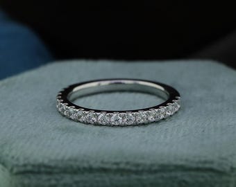Round Cut Moissanite Wedding Band, Half Eternity Band, Dainty Ring, Thin Ring, Stackable Ring, Bridal Ring, Anniversary Gift For Women