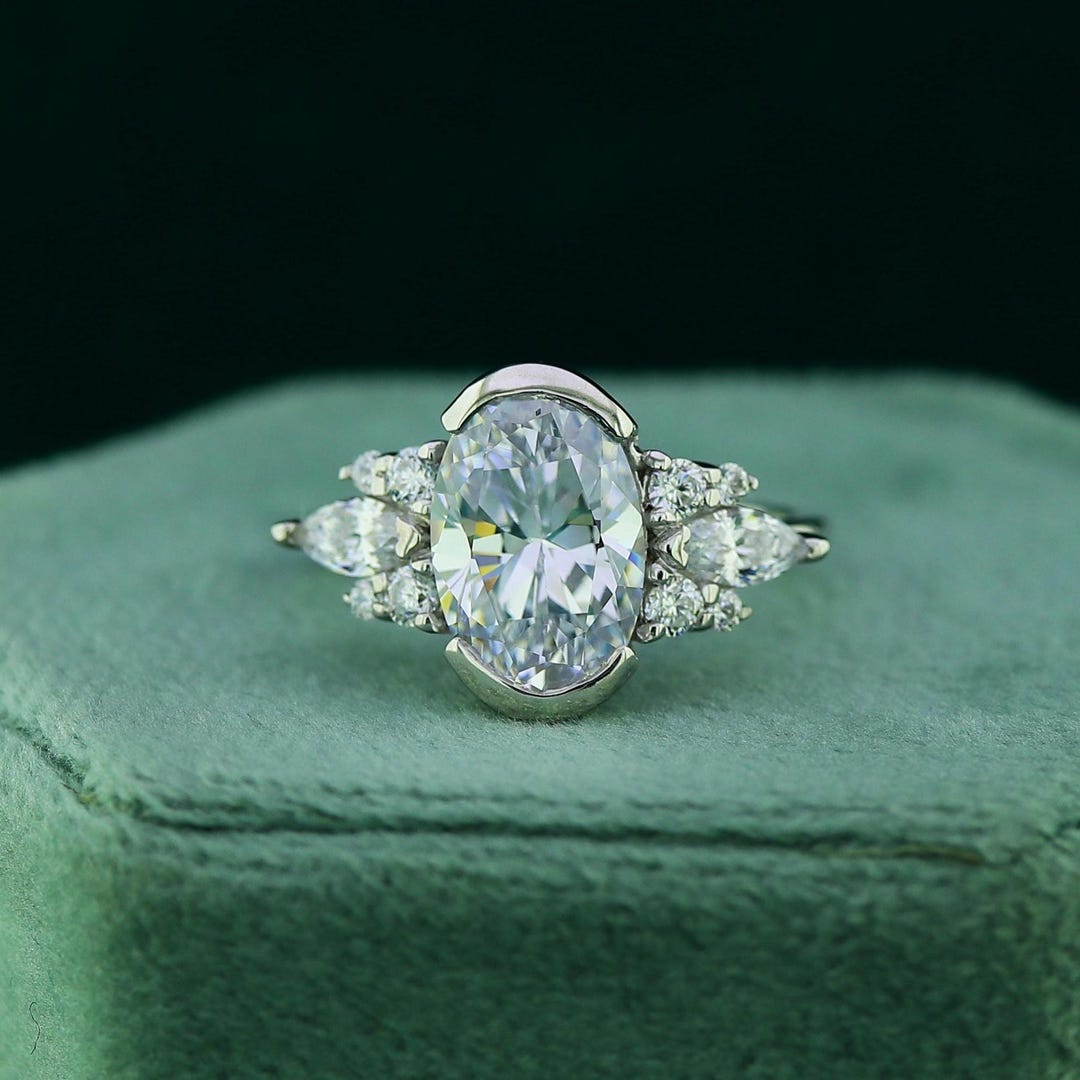 Oval Cut Moissanite Engagement Ring 14K Solid White Gold Oval Cluster ...