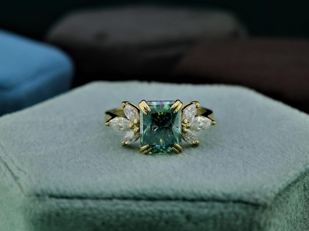 2.50 CT Green Radiant Cut Engagement Ring Moissanite Cluster Bridal ...