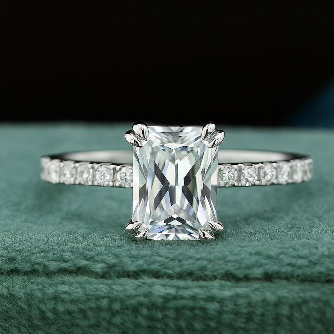 Radiant Cut Moissanite Engagement Ring, Double Prong Set Pave Wedding ...