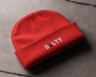 Salty Fisherman Beanie - Retro Pacific Northwest Mens/ Unisex Beanie Hat - Knit Red Snow Hat - Ribbed Beanie Hat - Christmas gift