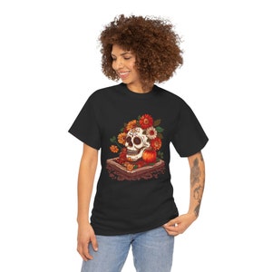 Dia De Los Muertos Shirt | Day Of the Dead Sugar Skull Graphic Tshirt Mexican Folk Art Tee for Halloween | Skeleton Flower Crown Shirt